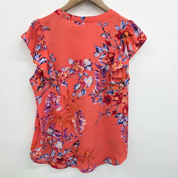 Womens M Coral Floral Ruffle Sleeve Blouse V-Neck Lightweight Boho‎ Top - Picture 4 of 13